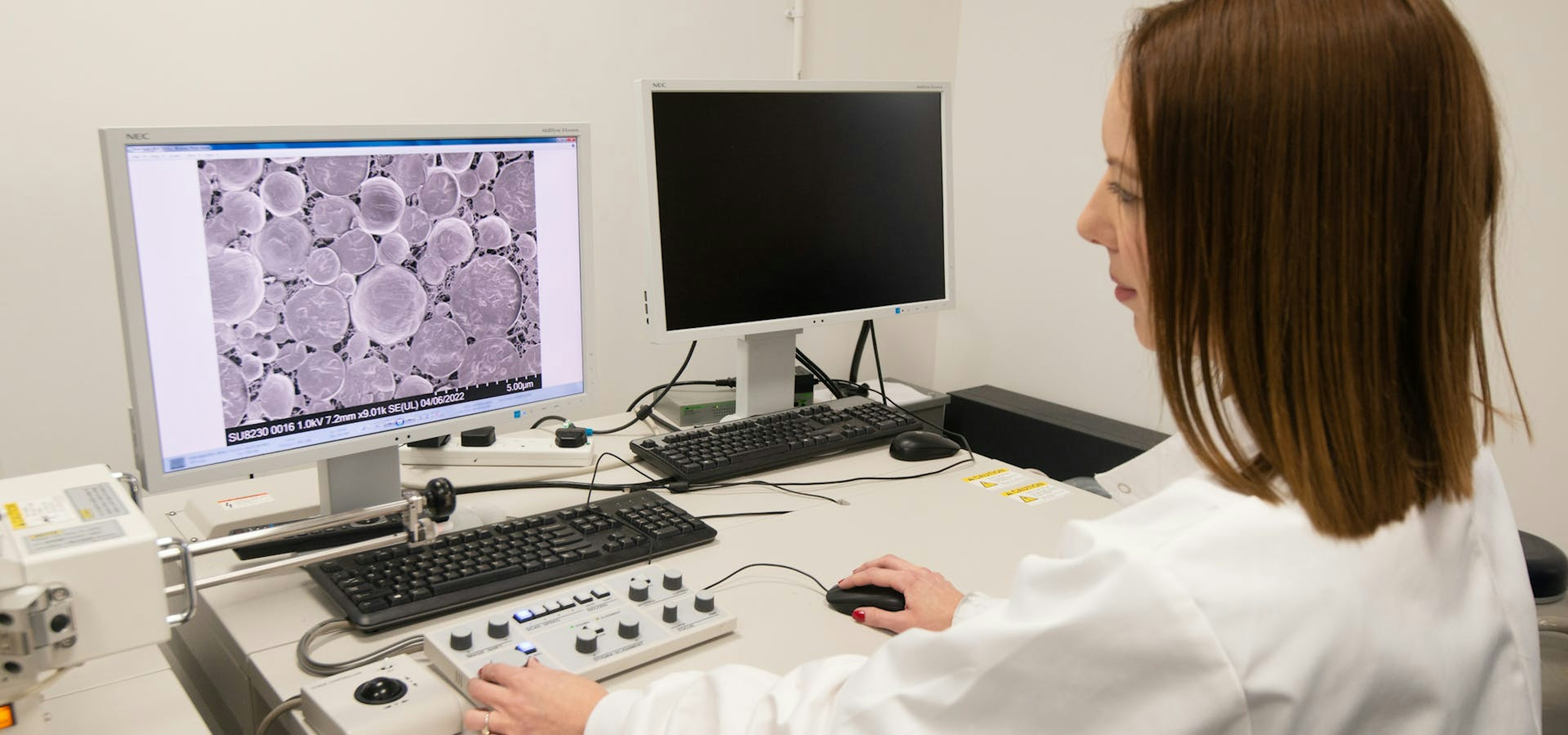 Team member using microscopy equipment.